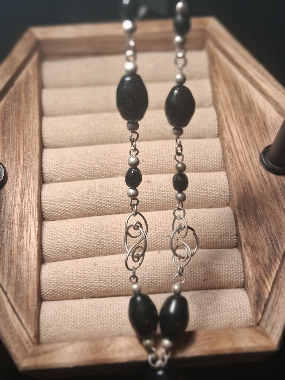 Handcrafted Black Bead Necklace with Silver-Tone Links